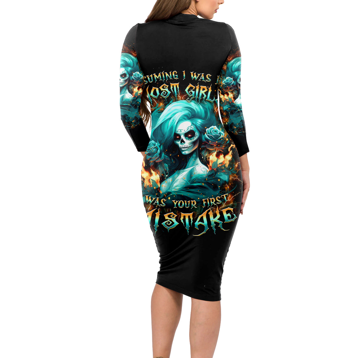 Flame Girl Skull Long Sleeve Bodycon Dress Assuming I Was Like Most Girls Was Your First Mistake - Wonder Print Shop