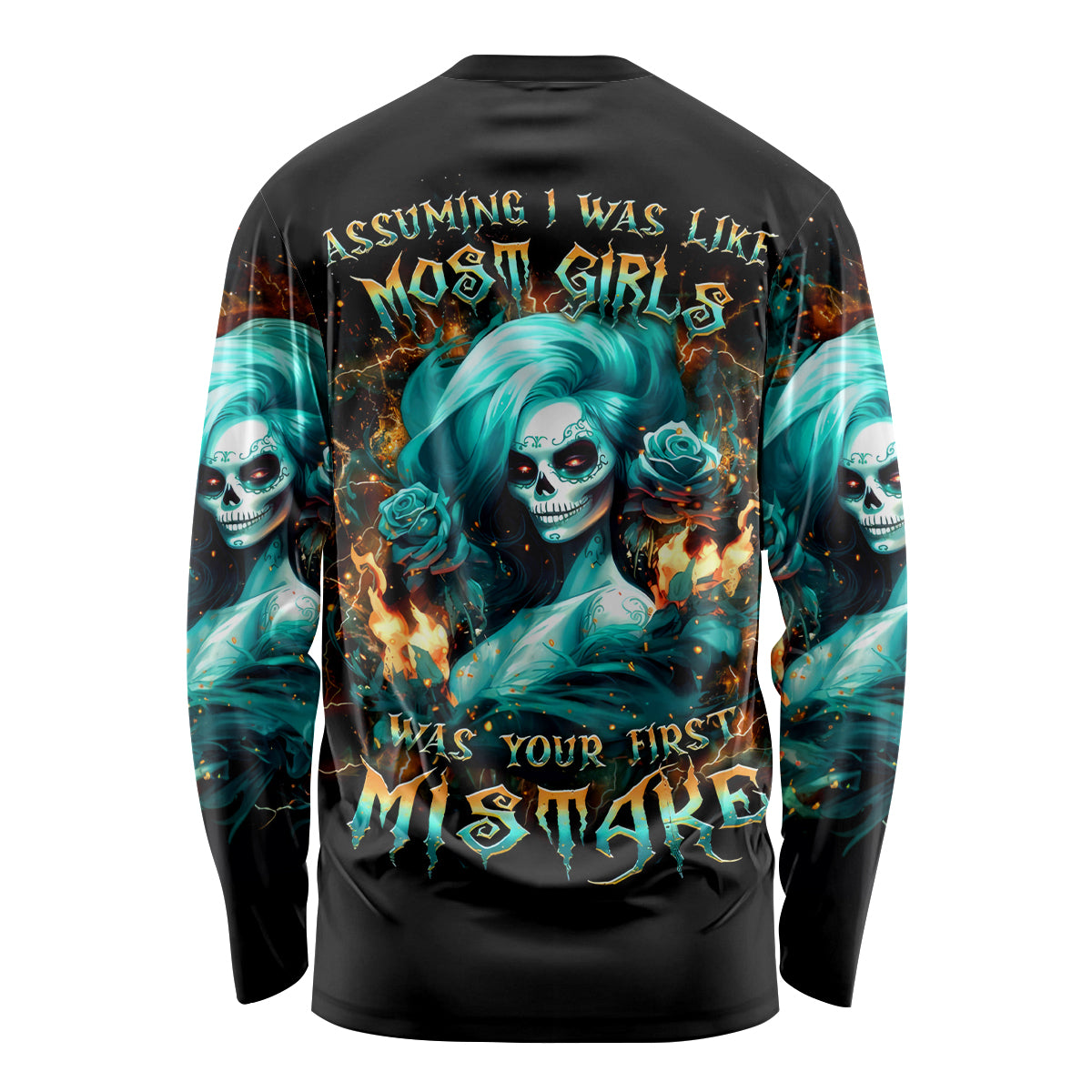 Flame Girl Skull Long Sleeve Shirt Assuming I Was Like Most Girls Was Your First Mistake - Wonder Print Shop