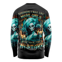Flame Girl Skull Long Sleeve Shirt Assuming I Was Like Most Girls Was Your First Mistake - Wonder Print Shop