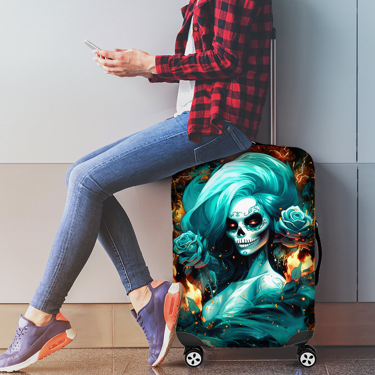 Flame Girl Skull Luggage Cover Assuming I Was Like Most Girls Was Your First Mistake - Wonder Print Shop
