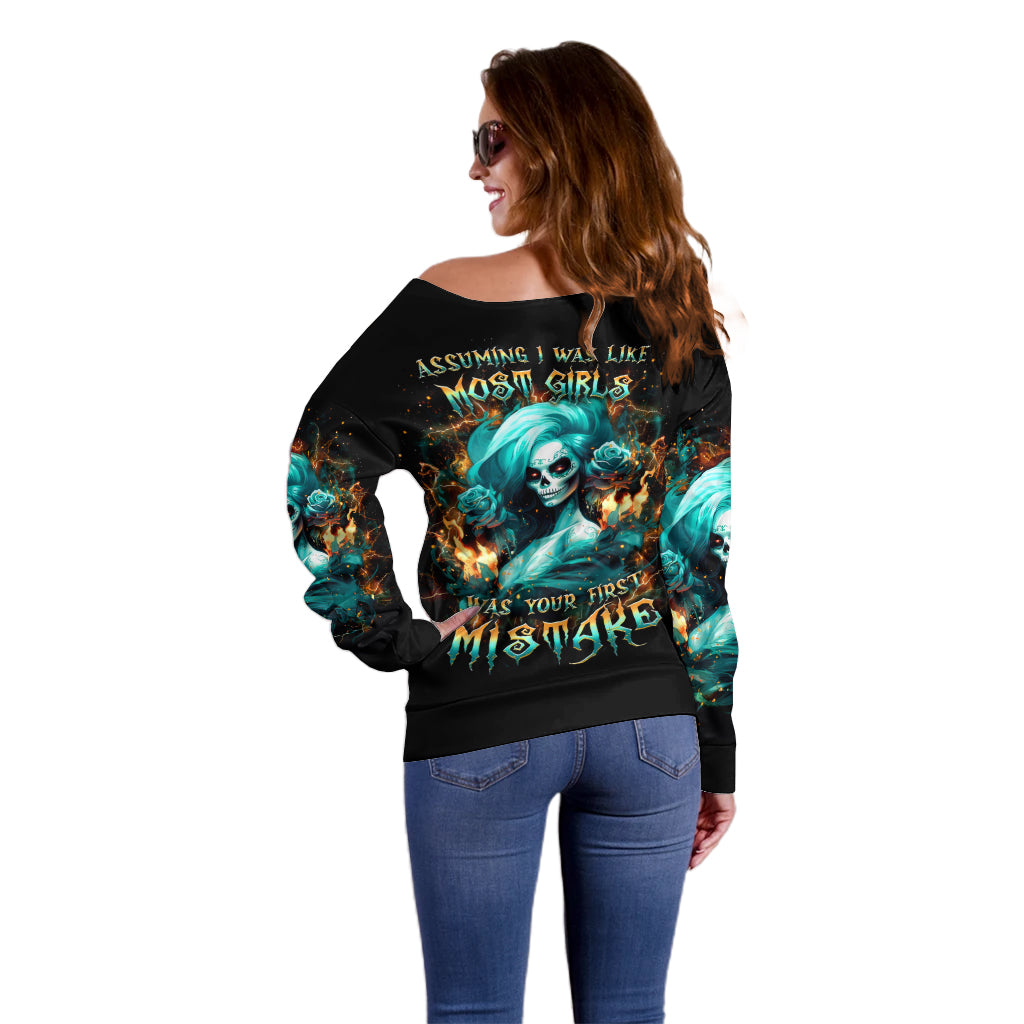 Flame Girl Skull Off Shoulder Sweater Assuming I Was Like Most Girls Was Your First Mistake - Wonder Print Shop