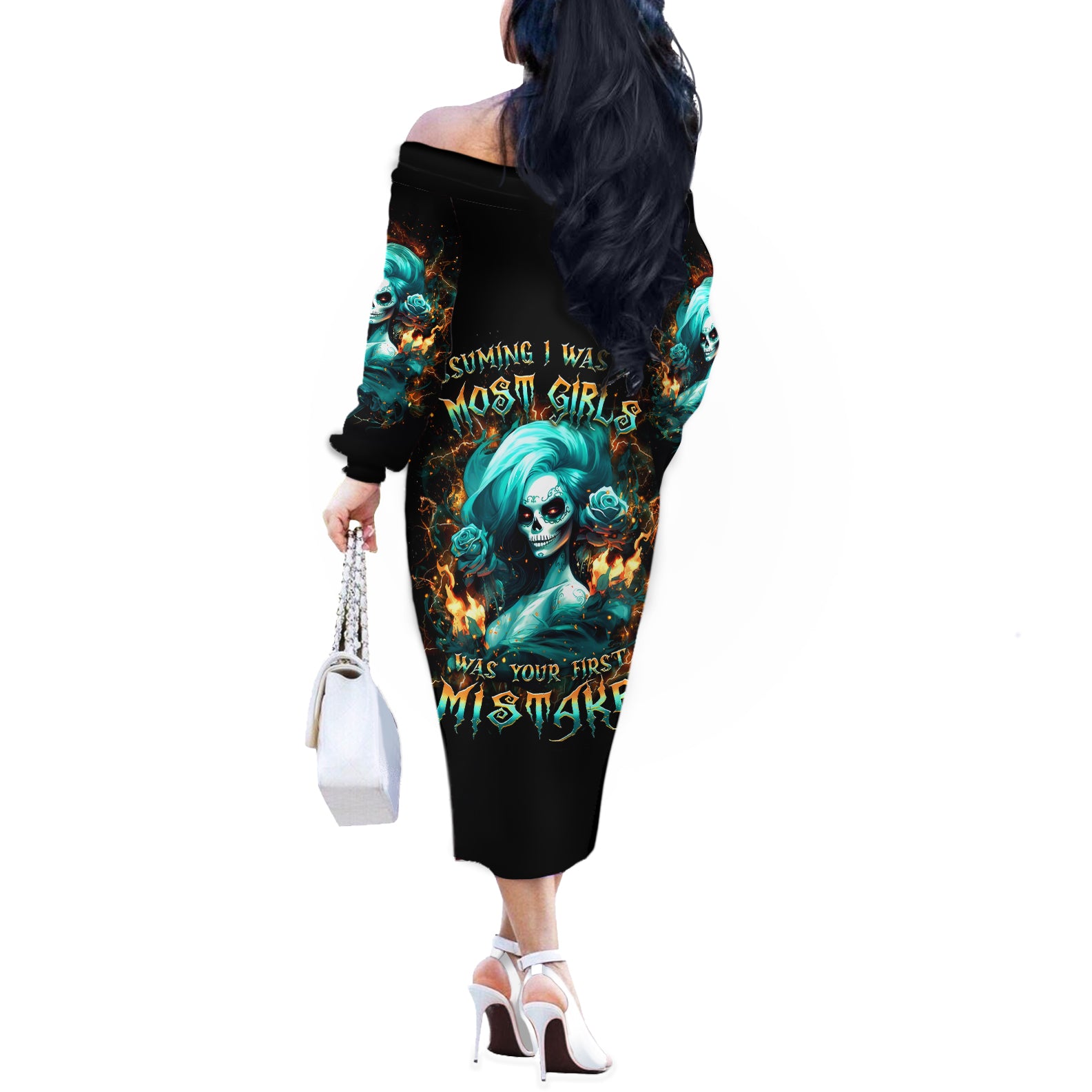 Flame Girl Skull Off The Shoulder Long Sleeve Dress Assuming I Was Like Most Girls Was Your First Mistake - Wonder Print Shop