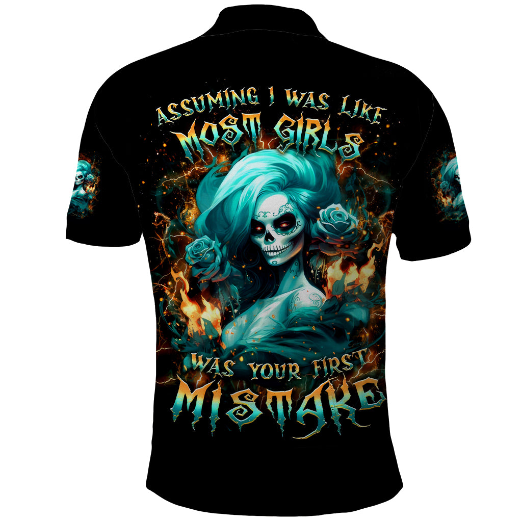 Flame Girl Skull Polo Shirt Assuming I Was Like Most Girls Was Your First Mistake - Wonder Print Shop