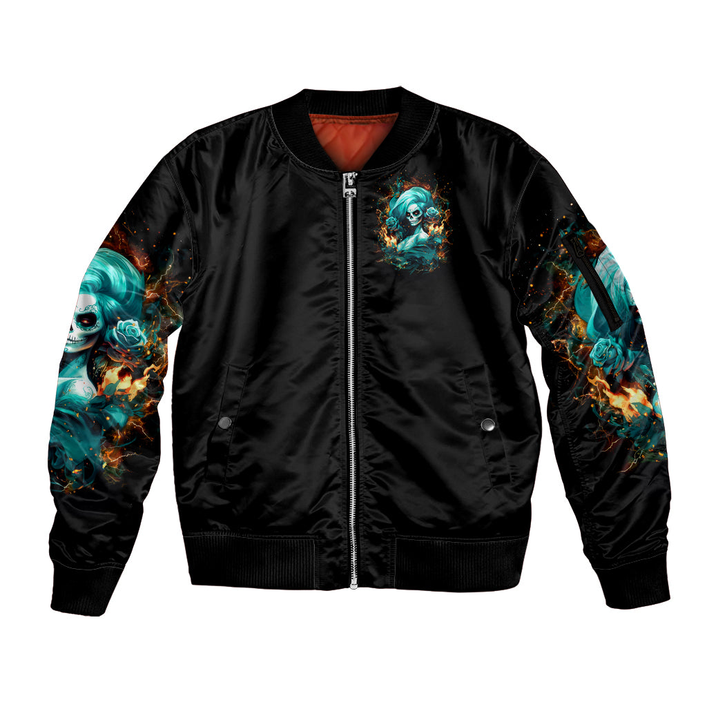 Flame Girl Skull Sleeve Zip Bomber Jacket Assuming I Was Like Most Girls Was Your First Mistake - Wonder Print Shop