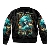 Flame Girl Skull Sleeve Zip Bomber Jacket Assuming I Was Like Most Girls Was Your First Mistake - Wonder Print Shop