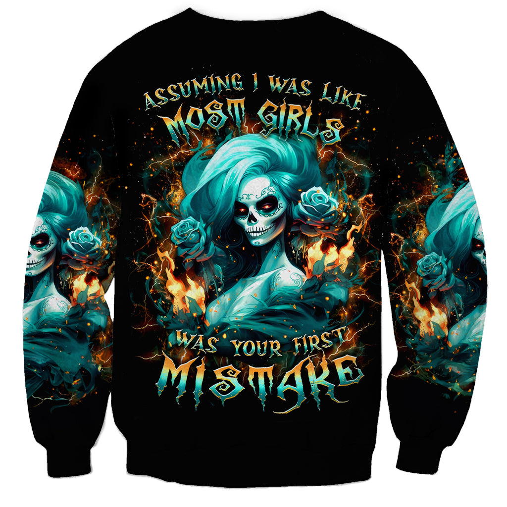 Flame Girl Skull Sweatshirt Assuming I Was Like Most Girls Was Your First Mistake - Wonder Print Shop