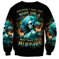 Flame Girl Skull Sweatshirt Assuming I Was Like Most Girls Was Your First Mistake - Wonder Print Shop