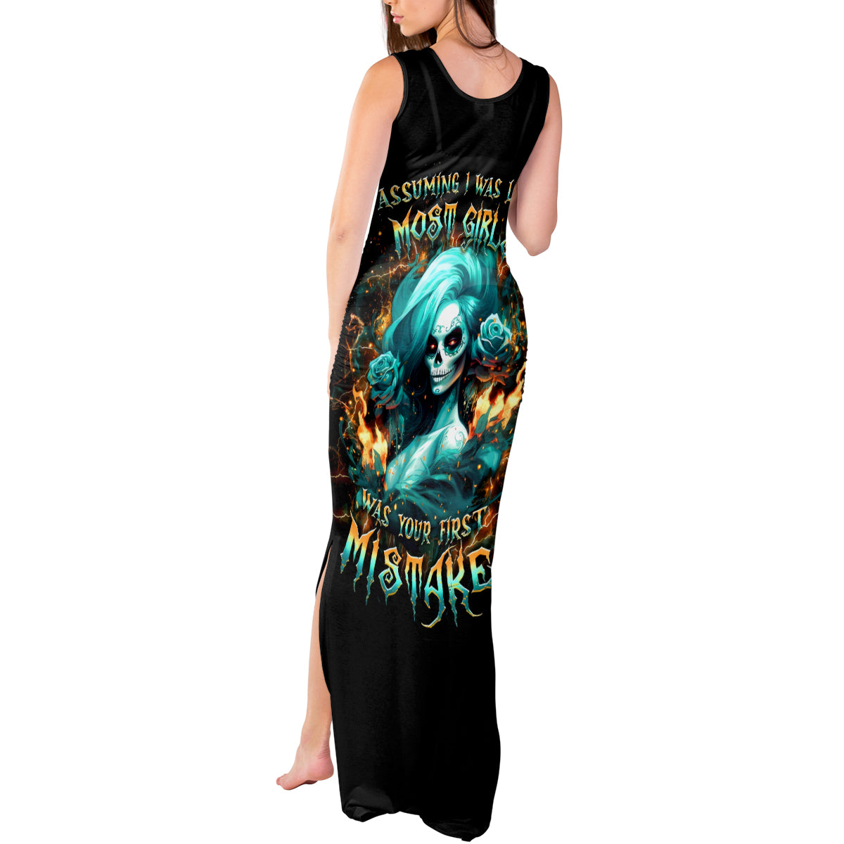 Flame Girl Skull Tank Maxi Dress Assuming I Was Like Most Girls Was Your First Mistake - Wonder Print Shop