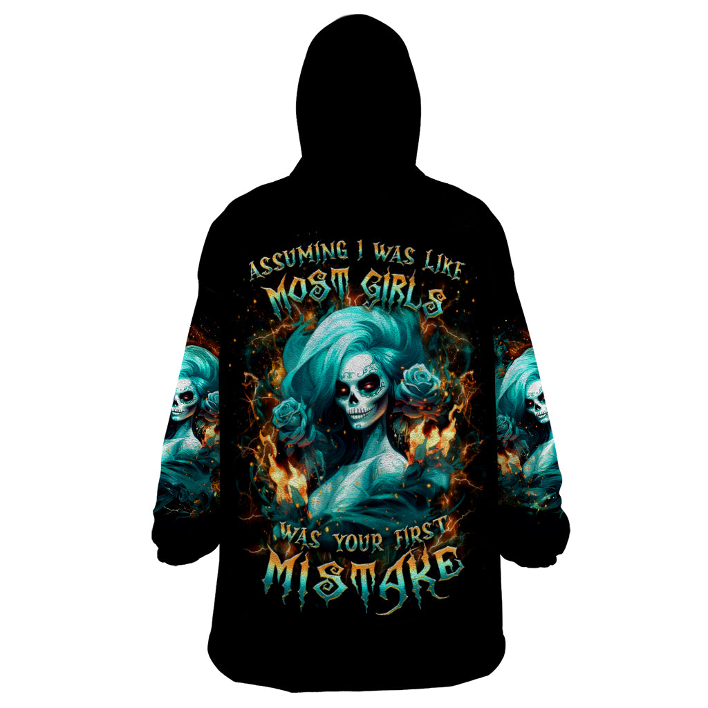 Flame Girl Skull Wearable Blanket Hoodie Assuming I Was Like Most Girls Was Your First Mistake - Wonder Print Shop