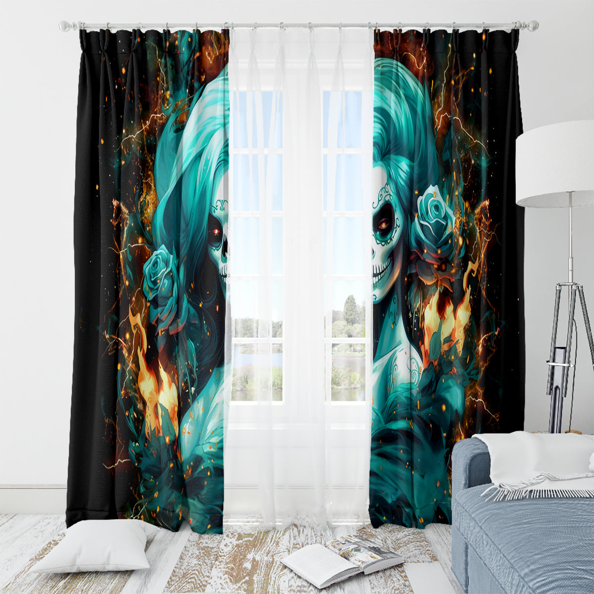 Flame Girl Skull Window Curtain Assuming I Was Like Most Girls Was Your First Mistake - Wonder Print Shop