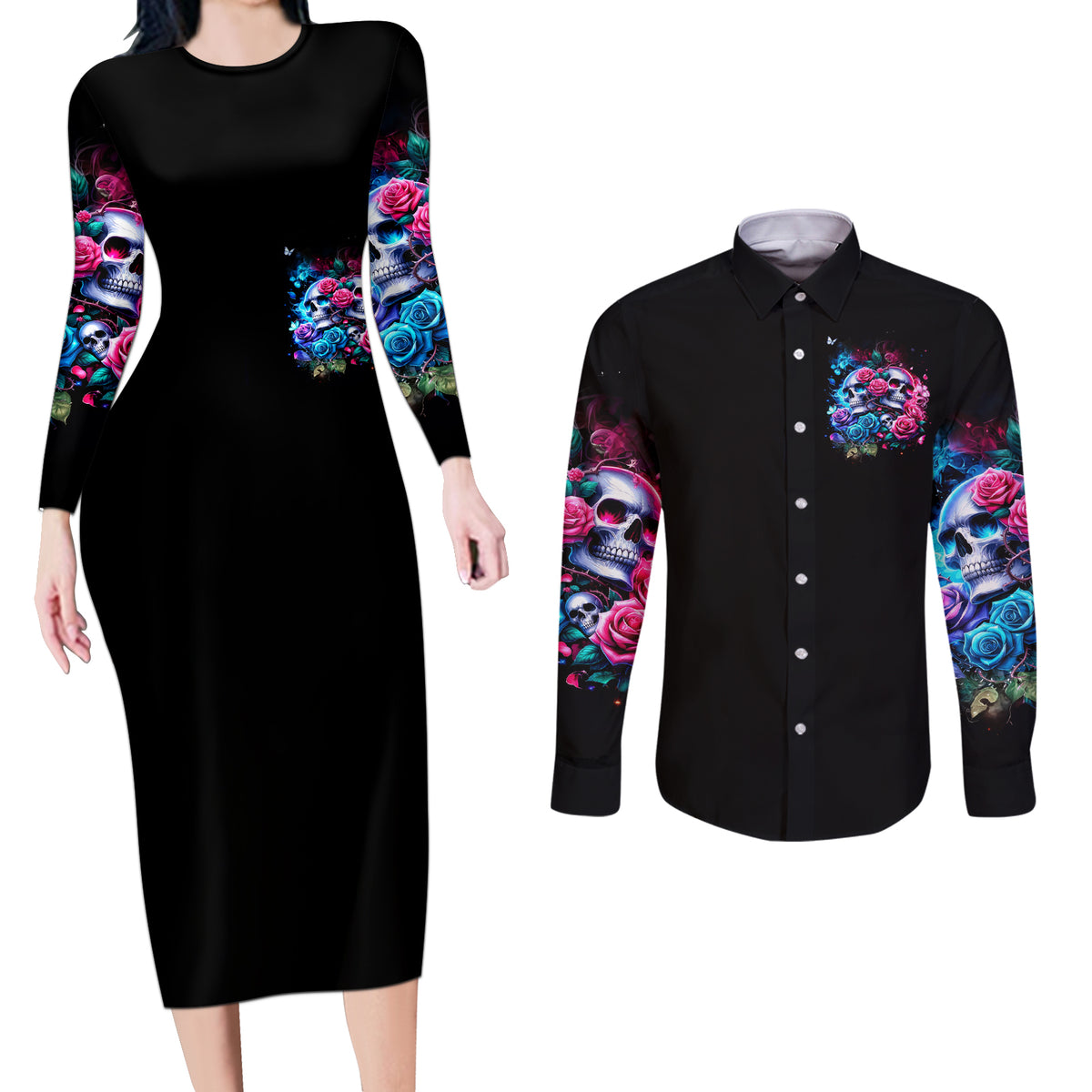 Couple Skull Couples Matching Long Sleeve Bodycon Dress and Long Sleeve Button Shirt I Could Be Your Best Friend Or Your Worst Fucking Enemy - Wonder Print Shop
