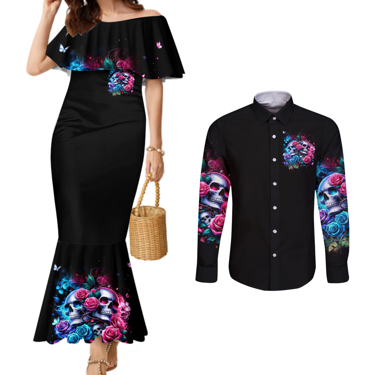 Couple Skull Couples Matching Mermaid Dress and Long Sleeve Button Shirt I Could Be Your Best Friend Or Your Worst Fucking Enemy
