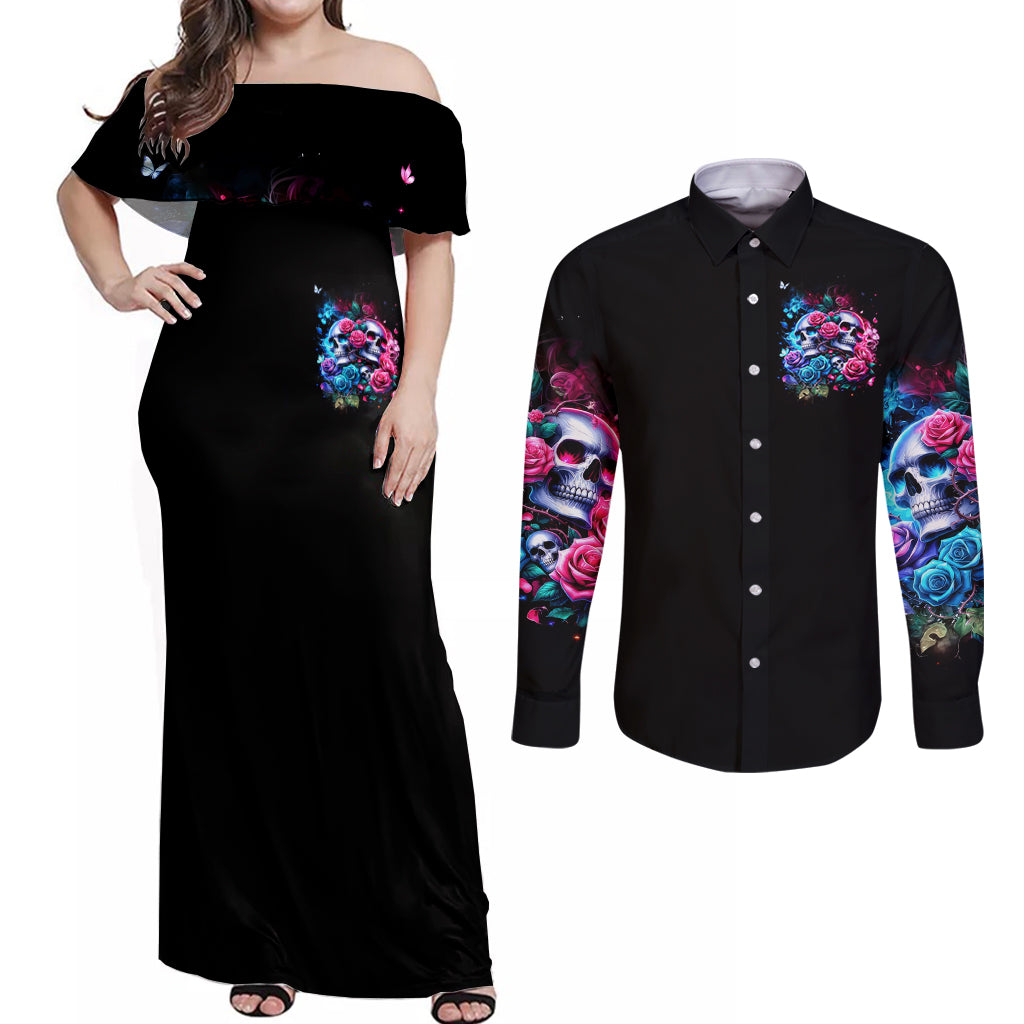 Couple Skull Couples Matching Off Shoulder Maxi Dress and Long Sleeve Button Shirt I Could Be Your Best Friend Or Your Worst Fucking Enemy - Wonder Print Shop