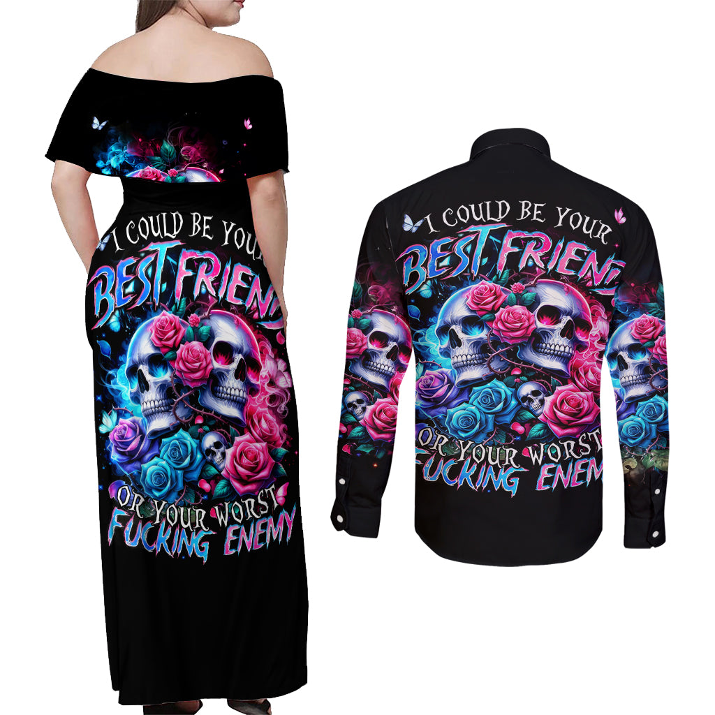 Couple Skull Couples Matching Off Shoulder Maxi Dress and Long Sleeve Button Shirt I Could Be Your Best Friend Or Your Worst Fucking Enemy - Wonder Print Shop