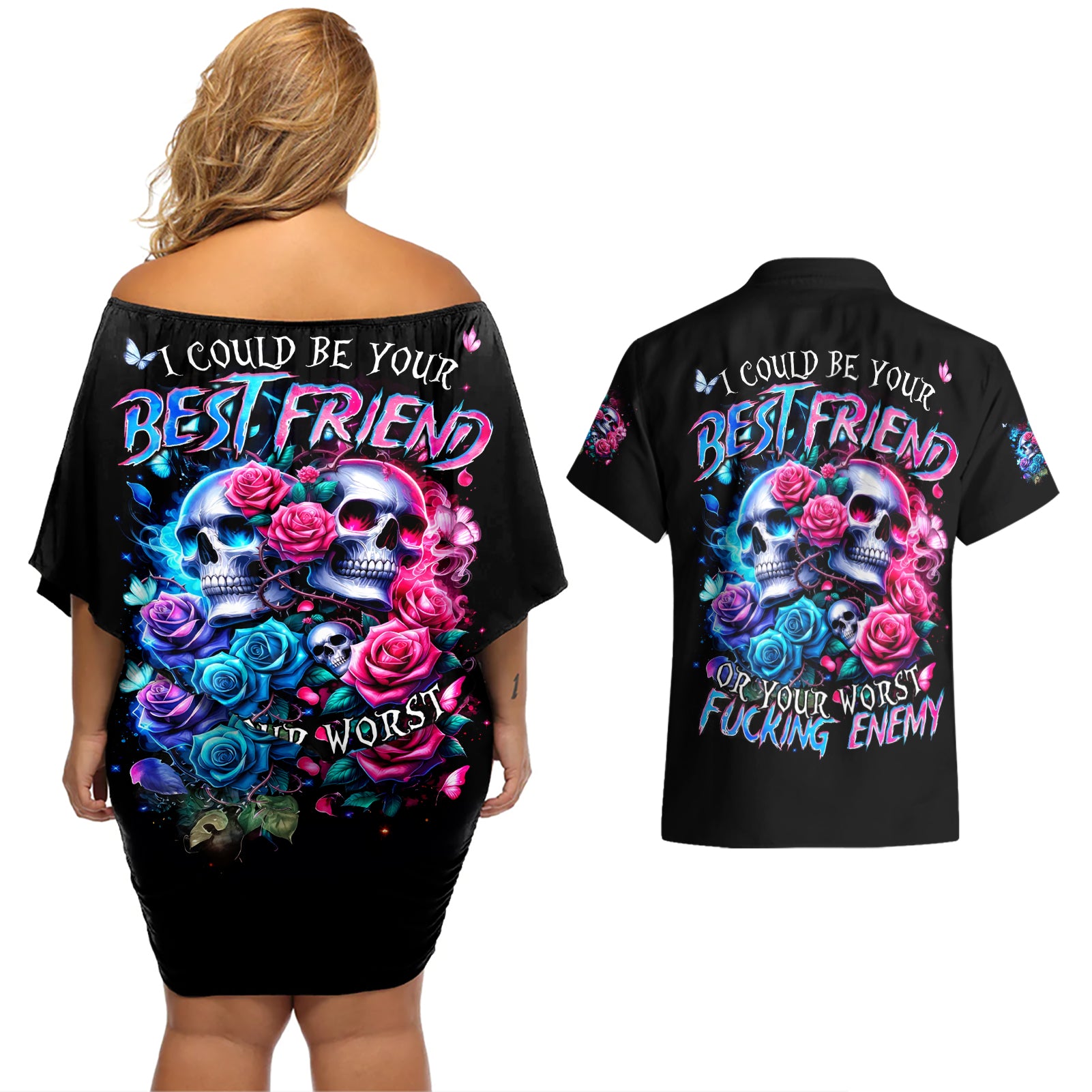Couple Skull Couples Matching Off Shoulder Short Dress and Hawaiian Shirt I Could Be Your Best Friend Or Your Worst Fucking Enemy - Wonder Print Shop