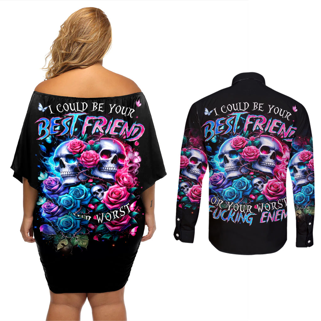 Couple Skull Couples Matching Off Shoulder Short Dress and Long Sleeve Button Shirt I Could Be Your Best Friend Or Your Worst Fucking Enemy - Wonder Print Shop