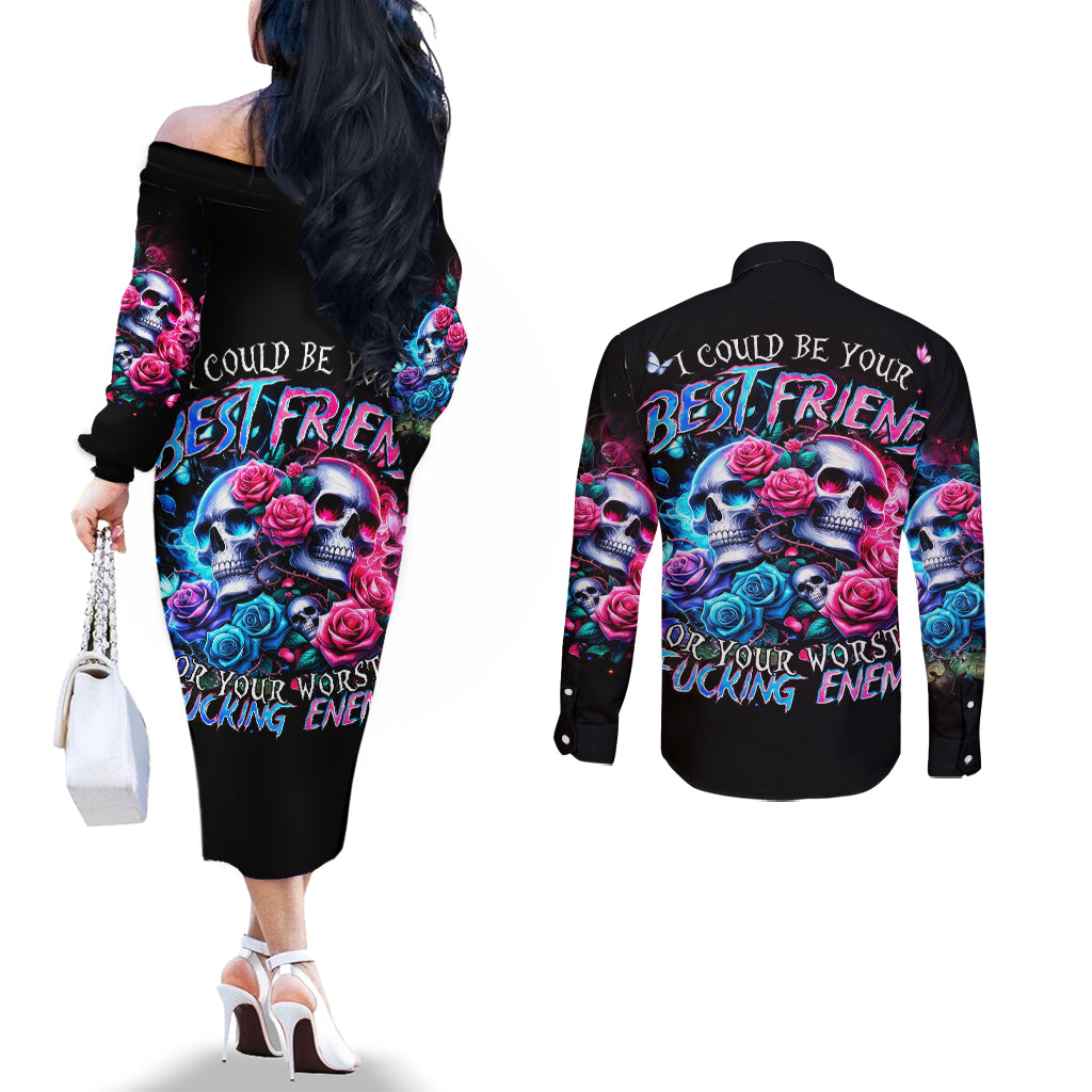 Couple Skull Couples Matching Off The Shoulder Long Sleeve Dress and Long Sleeve Button Shirt I Could Be Your Best Friend Or Your Worst Fucking Enemy