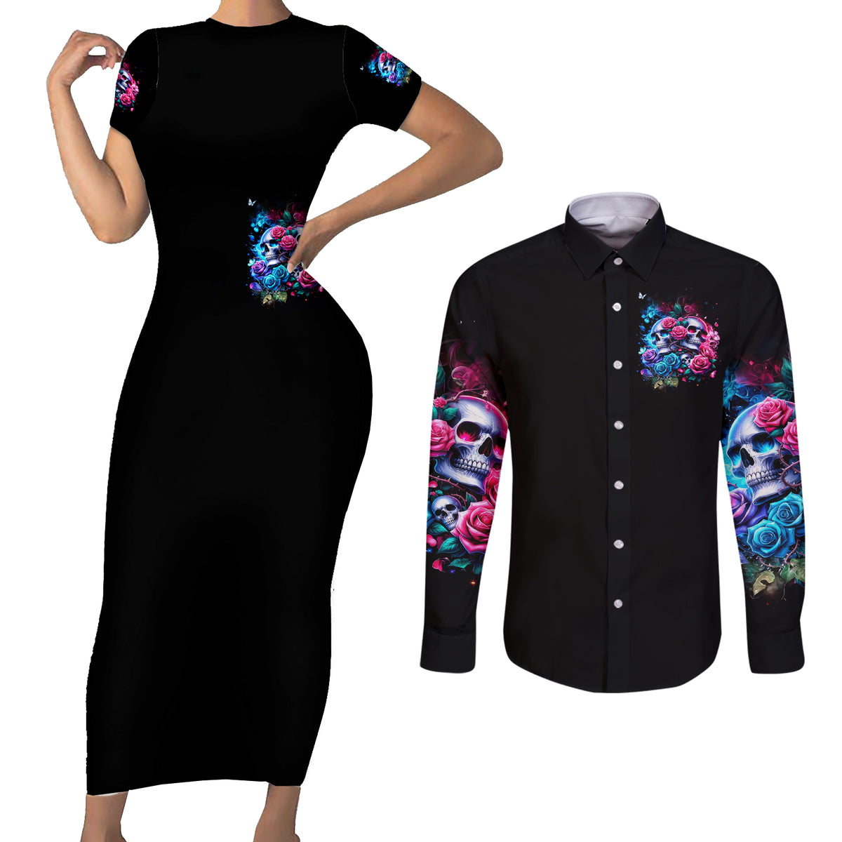 Couple Skull Couples Matching Short Sleeve Bodycon Dress and Long Sleeve Button Shirt I Could Be Your Best Friend Or Your Worst Fucking Enemy - Wonder Print Shop