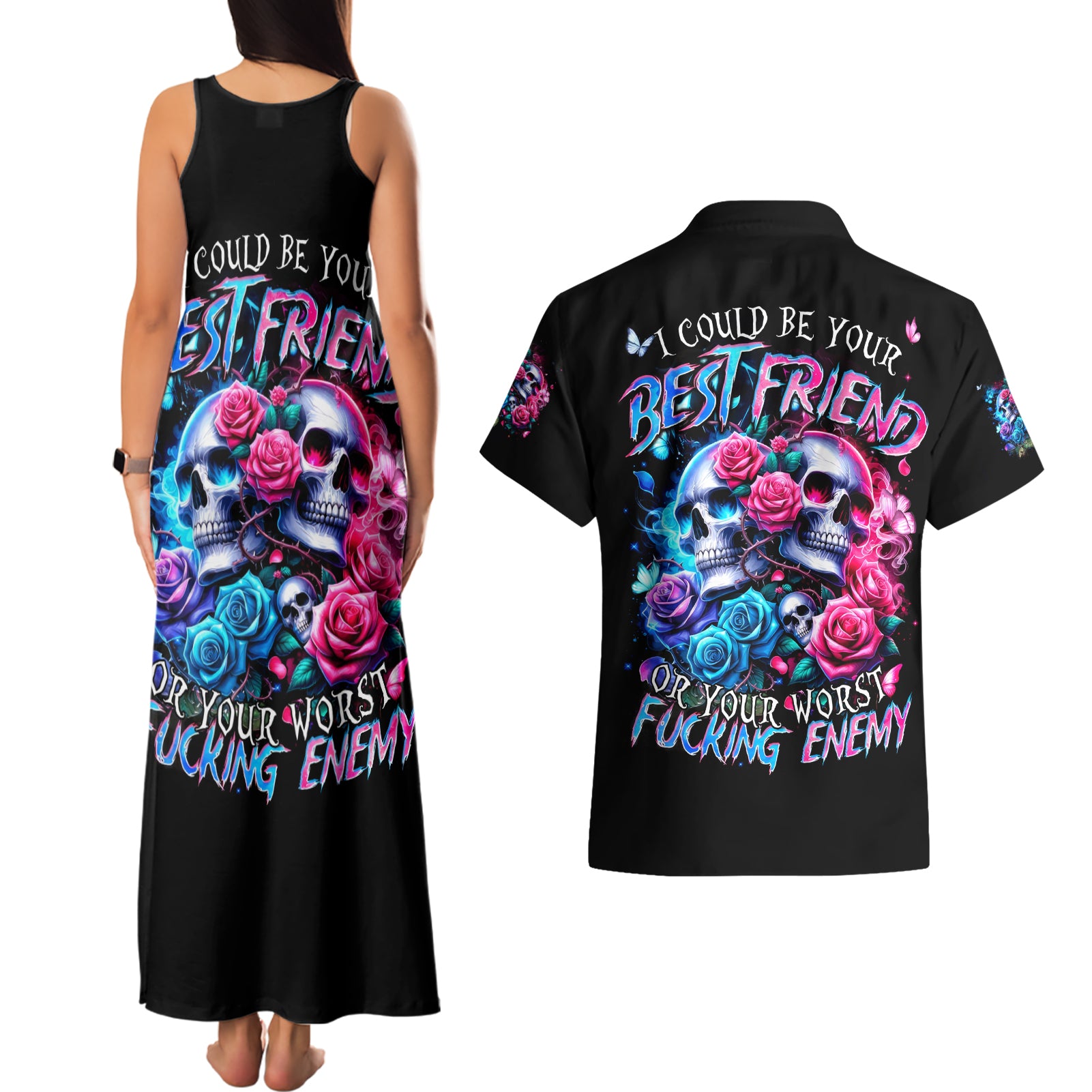 Couple Skull Couples Matching Tank Maxi Dress and Hawaiian Shirt I Could Be Your Best Friend Or Your Worst Fucking Enemy - Wonder Print Shop