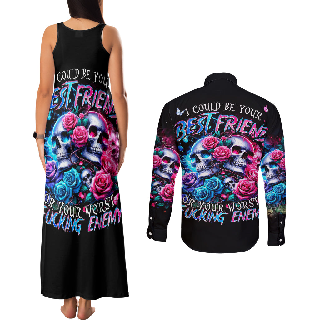 Couple Skull Couples Matching Tank Maxi Dress and Long Sleeve Button Shirt I Could Be Your Best Friend Or Your Worst Fucking Enemy - Wonder Print Shop