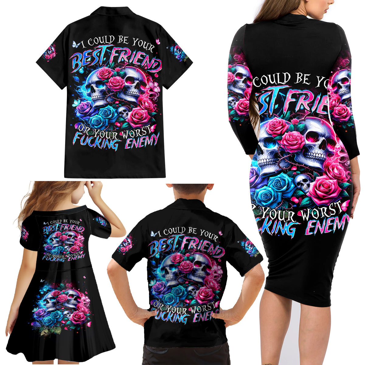 Couple Skull Family Matching Long Sleeve Bodycon Dress and Hawaiian Shirt I Could Be Your Best Friend Or Your Worst Fucking Enemy - Wonder Print Shop