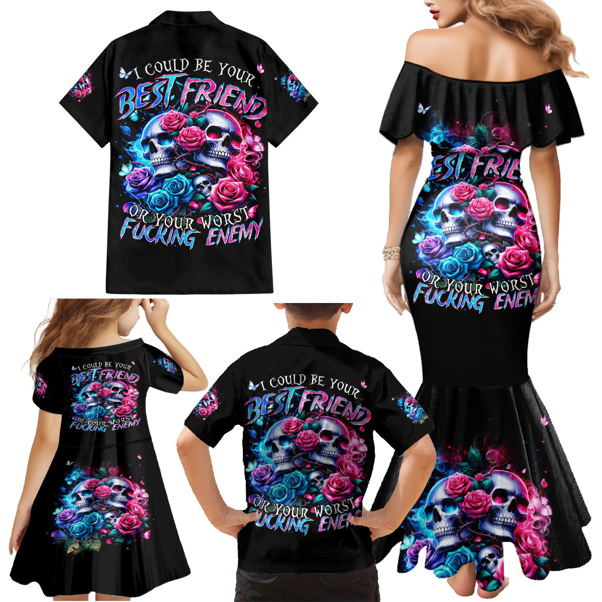 Couple Skull Family Matching Mermaid Dress and Hawaiian Shirt I Could Be Your Best Friend Or Your Worst Fucking Enemy - Wonder Print Shop