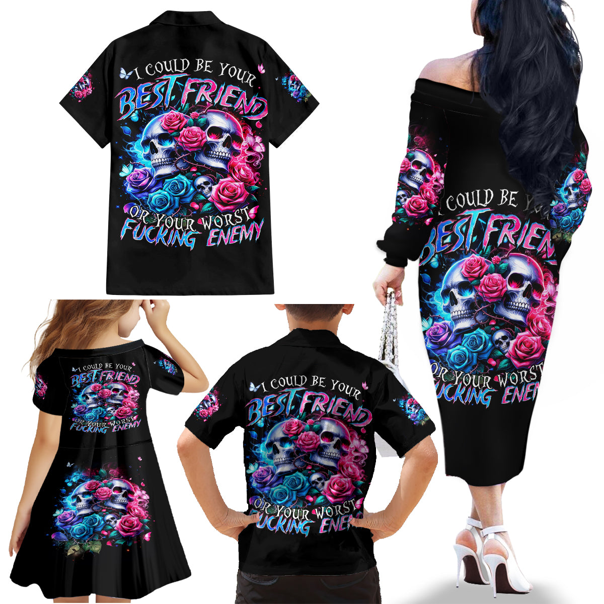 Couple Skull Family Matching Off Shoulder Long Sleeve Dress and Hawaiian Shirt I Could Be Your Best Friend Or Your Worst Fucking Enemy - Wonder Print Shop