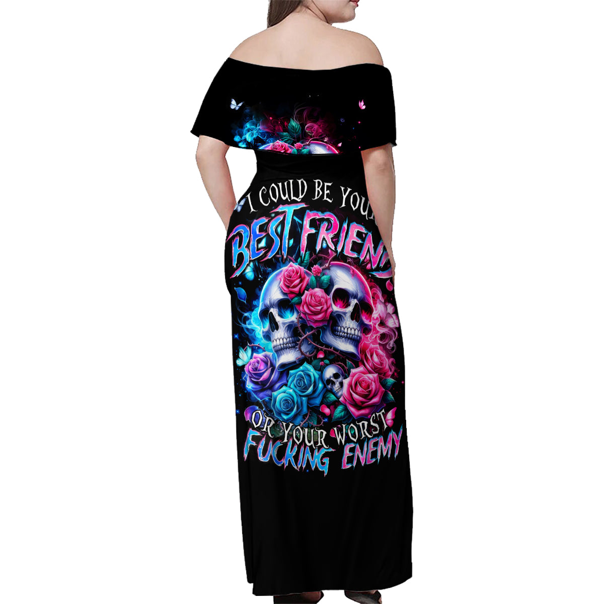 Couple Skull Family Matching Off Shoulder Maxi Dress and Hawaiian Shirt I Could Be Your Best Friend Or Your Worst Fucking Enemy - Wonder Print Shop