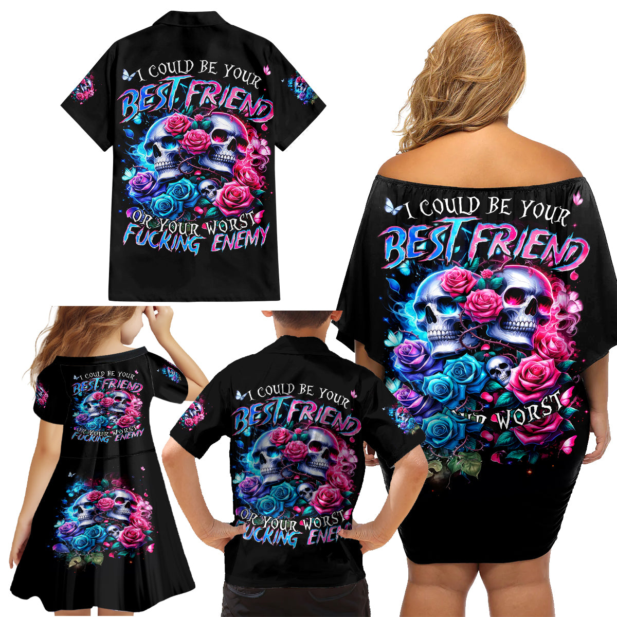 Couple Skull Family Matching Off Shoulder Short Dress and Hawaiian Shirt I Could Be Your Best Friend Or Your Worst Fucking Enemy - Wonder Print Shop