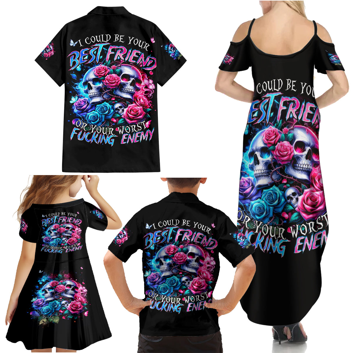 Couple Skull Family Matching Summer Maxi Dress and Hawaiian Shirt I Could Be Your Best Friend Or Your Worst Fucking Enemy - Wonder Print Shop