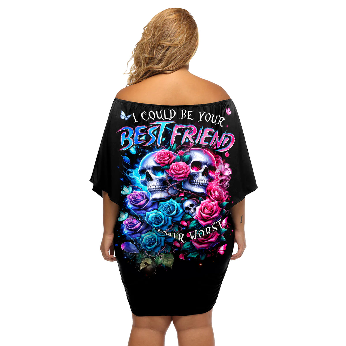 Couple Skull Off Shoulder Short Dress I Could Be Your Best Friend Or Your Worst Fucking Enemy - Wonder Print Shop