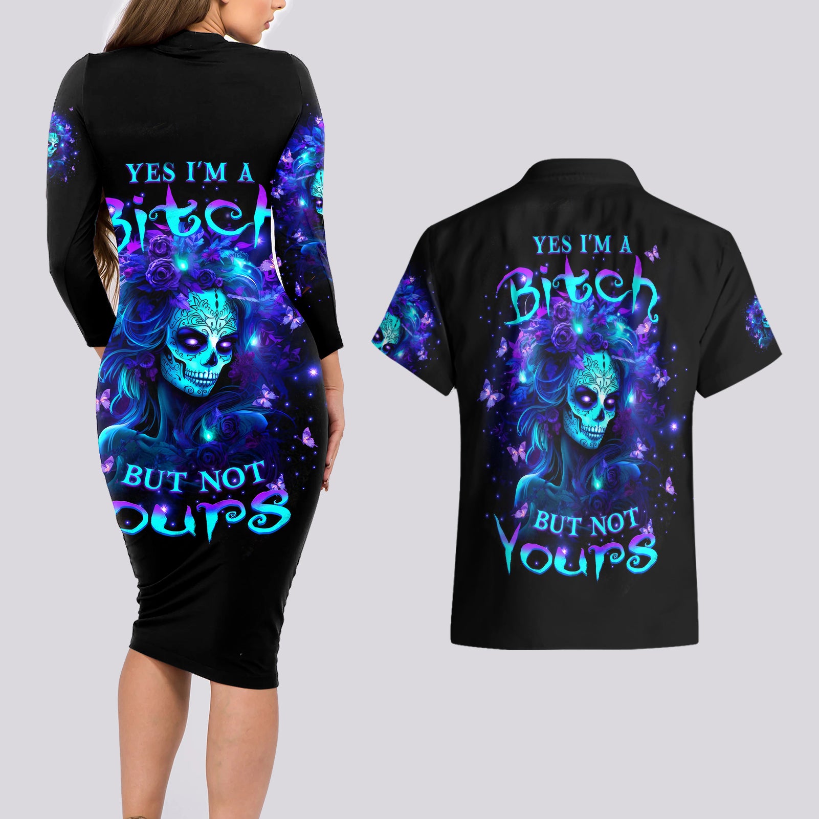Skull Girl Couples Matching Long Sleeve Bodycon Dress and Hawaiian Shirt Yes I'm A Bitch But Not Yours - Wonder Print Shop