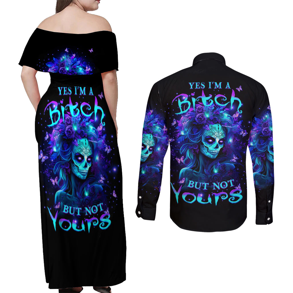 Skull Girl Couples Matching Off Shoulder Maxi Dress and Long Sleeve Button Shirt Yes I'm A Bitch But Not Yours - Wonder Print Shop