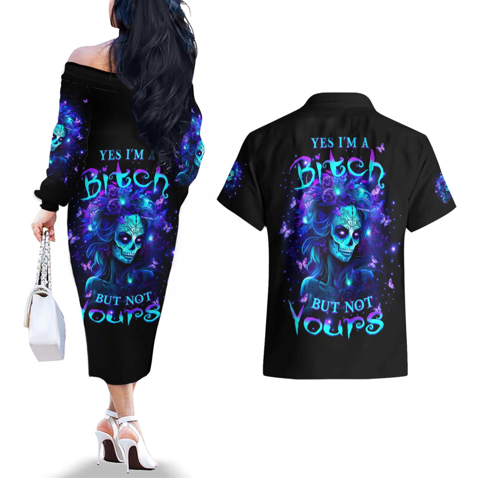 Skull Girl Couples Matching Off The Shoulder Long Sleeve Dress and Hawaiian Shirt Yes I'm A Bitch But Not Yours - Wonder Print Shop
