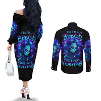 Skull Girl Couples Matching Off The Shoulder Long Sleeve Dress and Long Sleeve Button Shirt Yes I'm A Bitch But Not Yours
