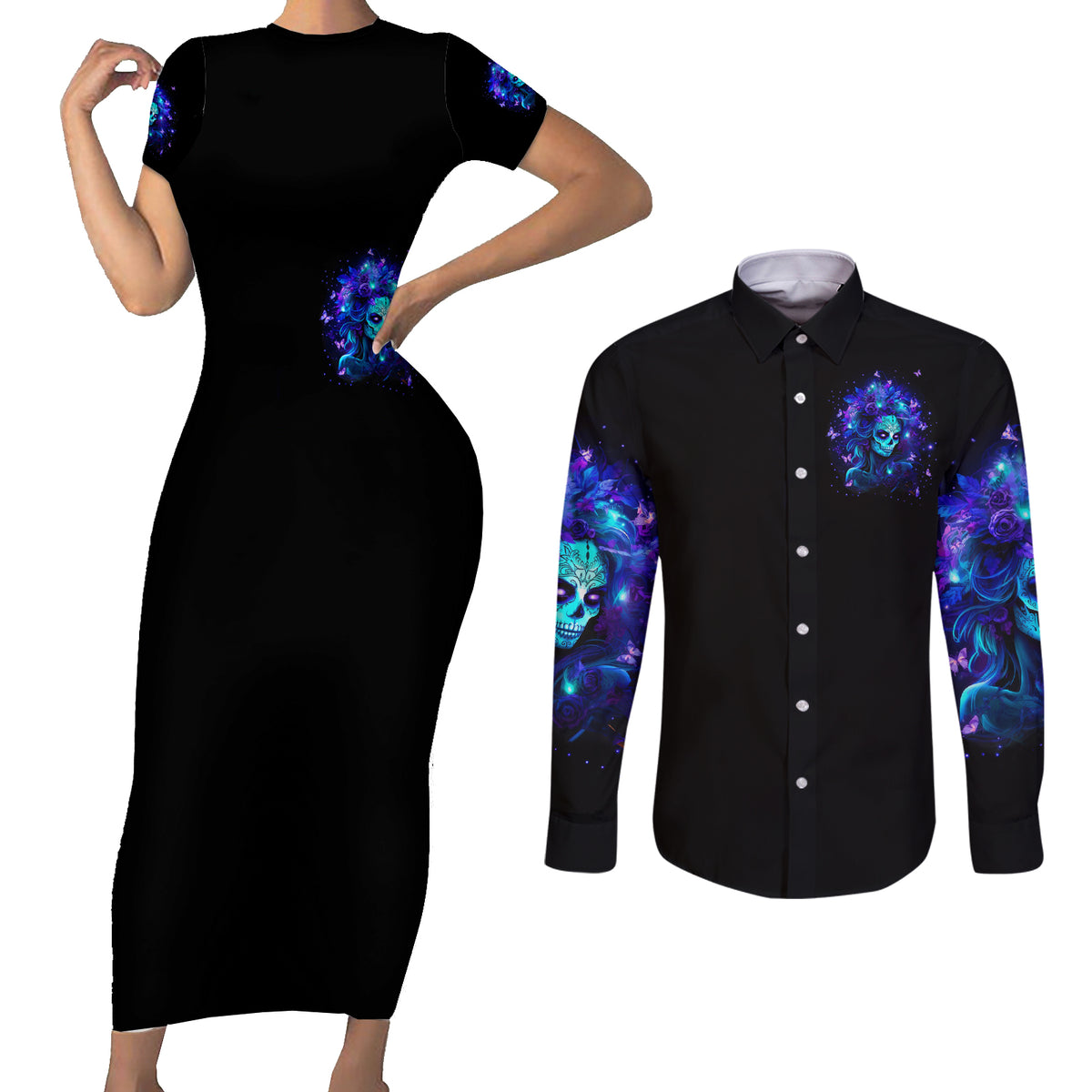 Skull Girl Couples Matching Short Sleeve Bodycon Dress and Long Sleeve Button Shirt Yes I'm A Bitch But Not Yours - Wonder Print Shop