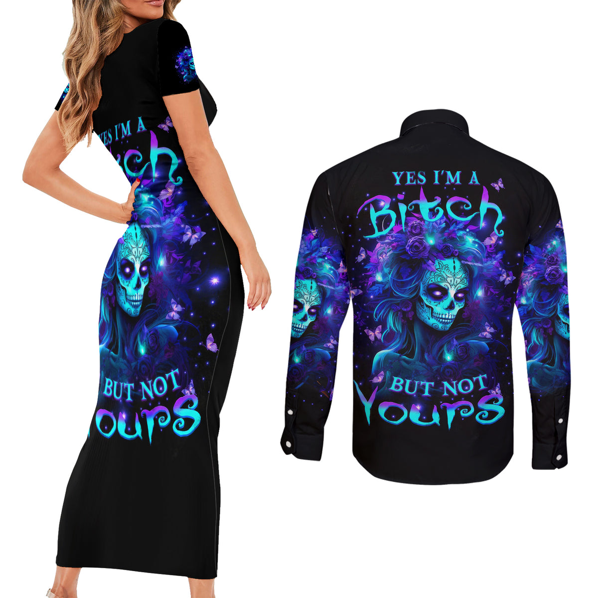 Skull Girl Couples Matching Short Sleeve Bodycon Dress and Long Sleeve Button Shirt Yes I'm A Bitch But Not Yours - Wonder Print Shop