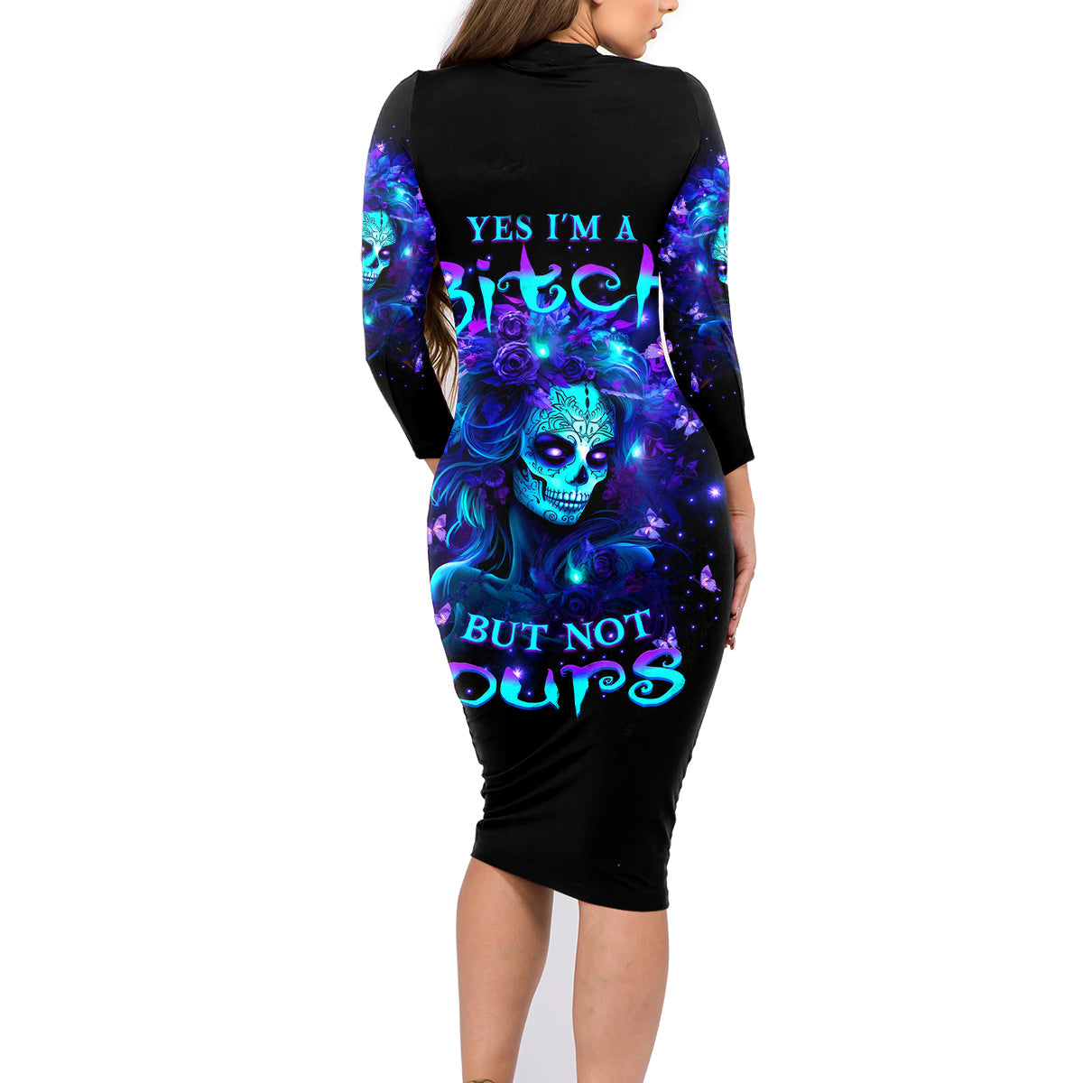 Skull Girl Family Matching Long Sleeve Bodycon Dress and Hawaiian Shirt Yes I'm A Bitch But Not Yours - Wonder Print Shop