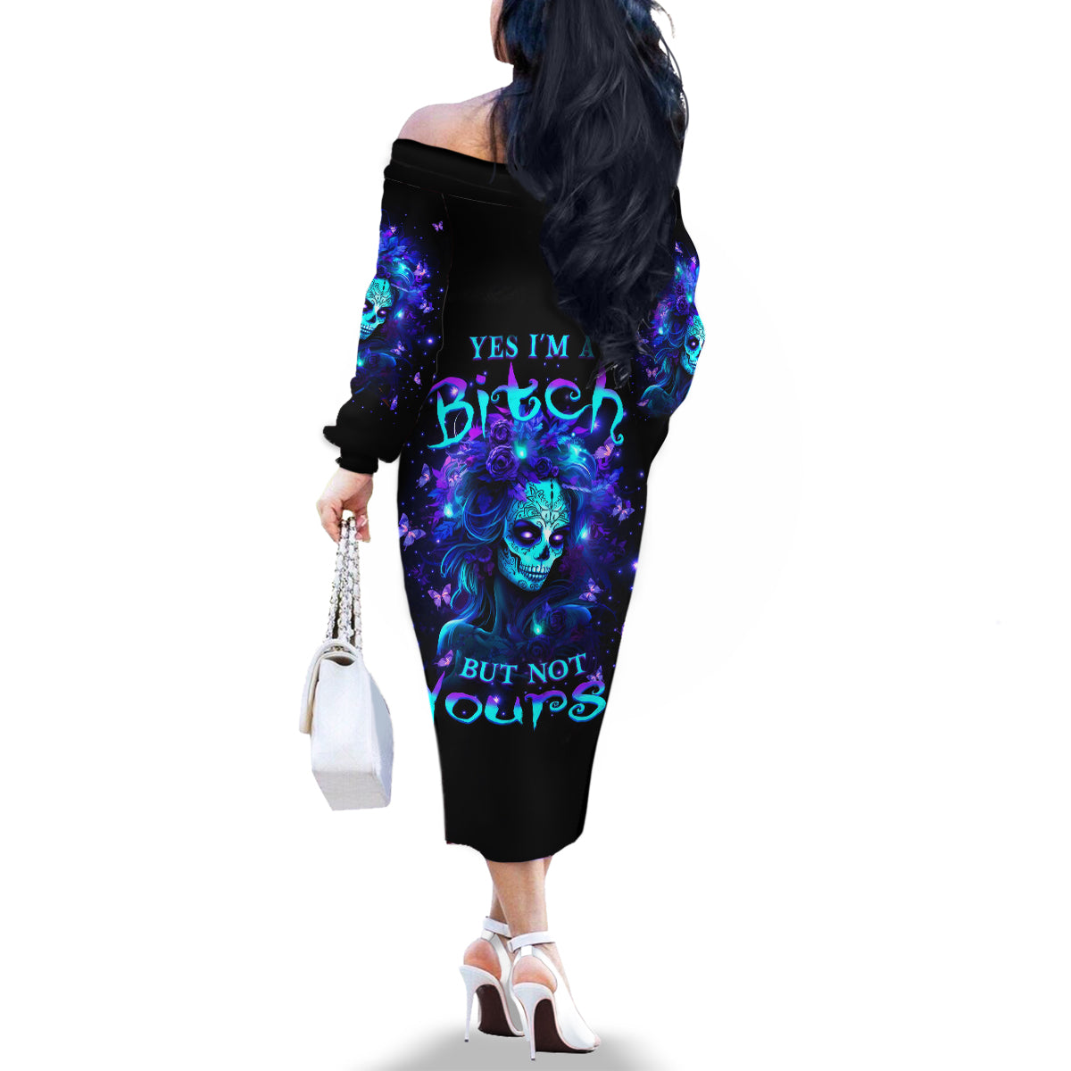 Skull Girl Family Matching Off Shoulder Long Sleeve Dress and Hawaiian Shirt Yes I'm A Bitch But Not Yours - Wonder Print Shop