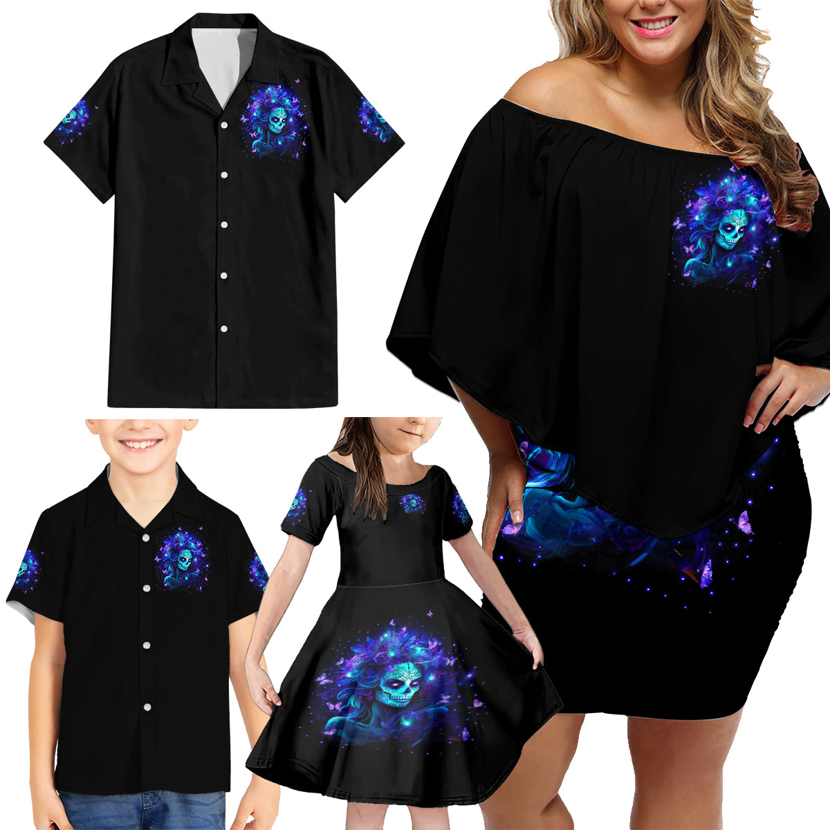 Skull Girl Family Matching Off Shoulder Short Dress and Hawaiian Shirt Yes I'm A Bitch But Not Yours - Wonder Print Shop