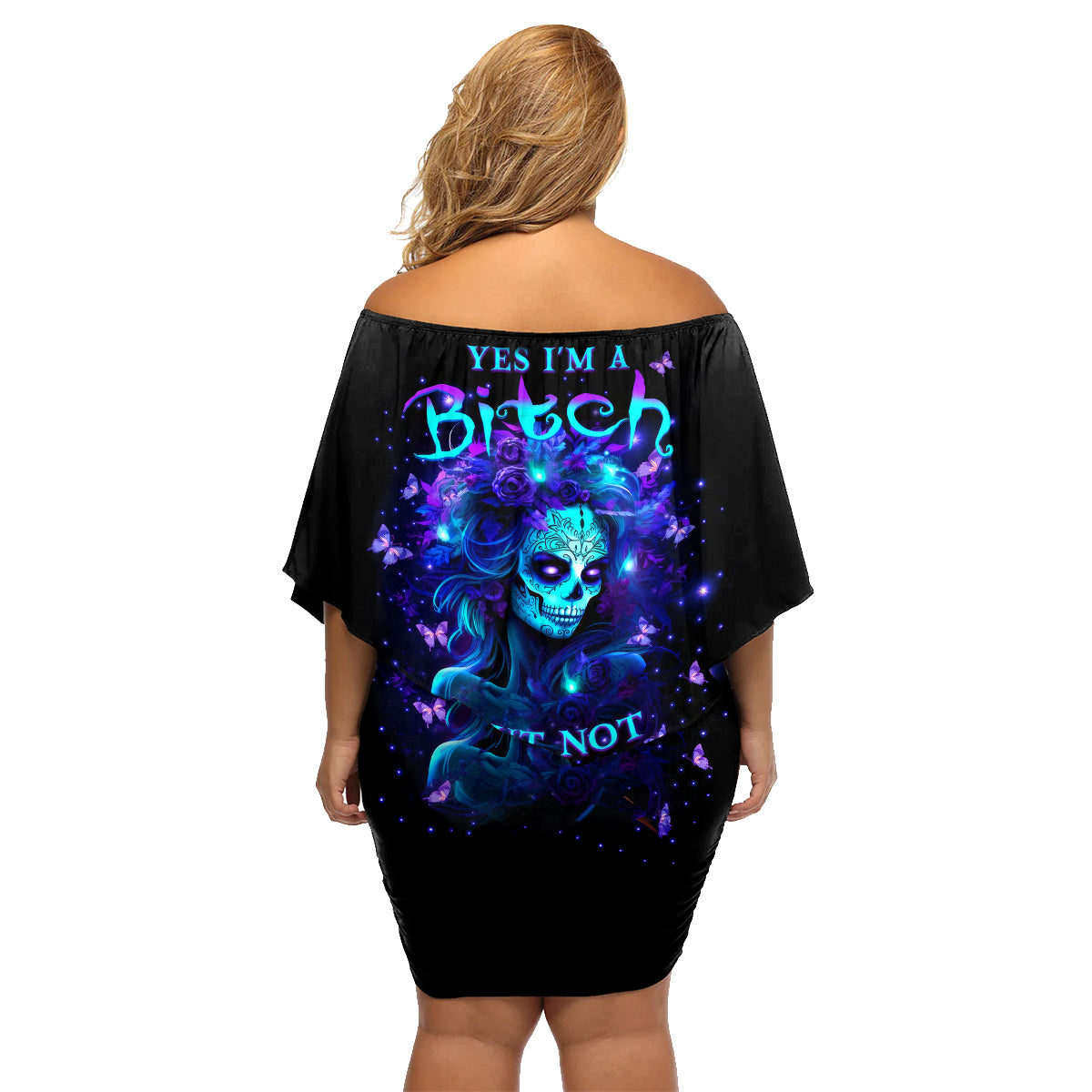 Skull Girl Family Matching Off Shoulder Short Dress and Hawaiian Shirt Yes I'm A Bitch But Not Yours - Wonder Print Shop
