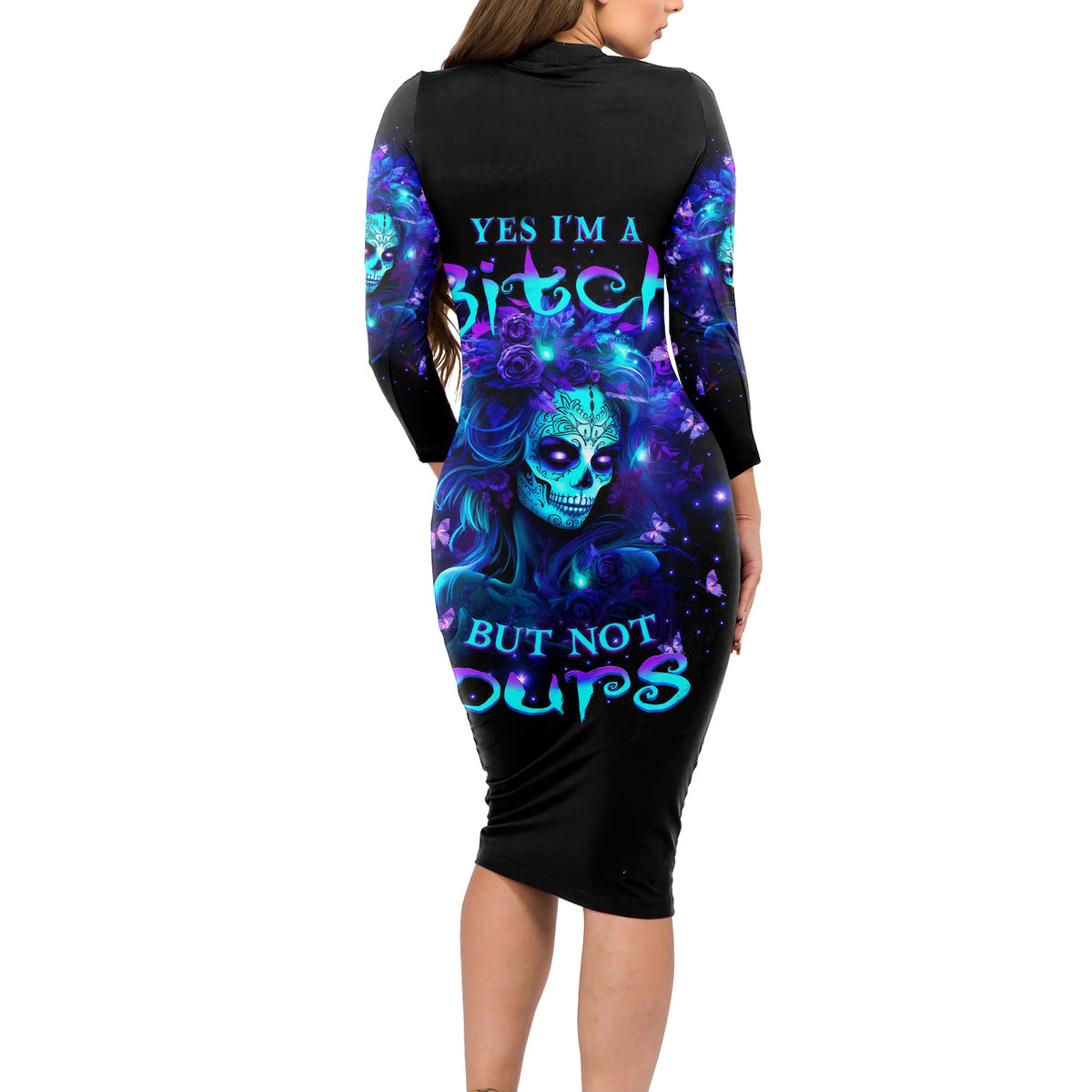 Skull Girl Long Sleeve Bodycon Dress Yes I'm A Bitch But Not Yours - Wonder Print Shop