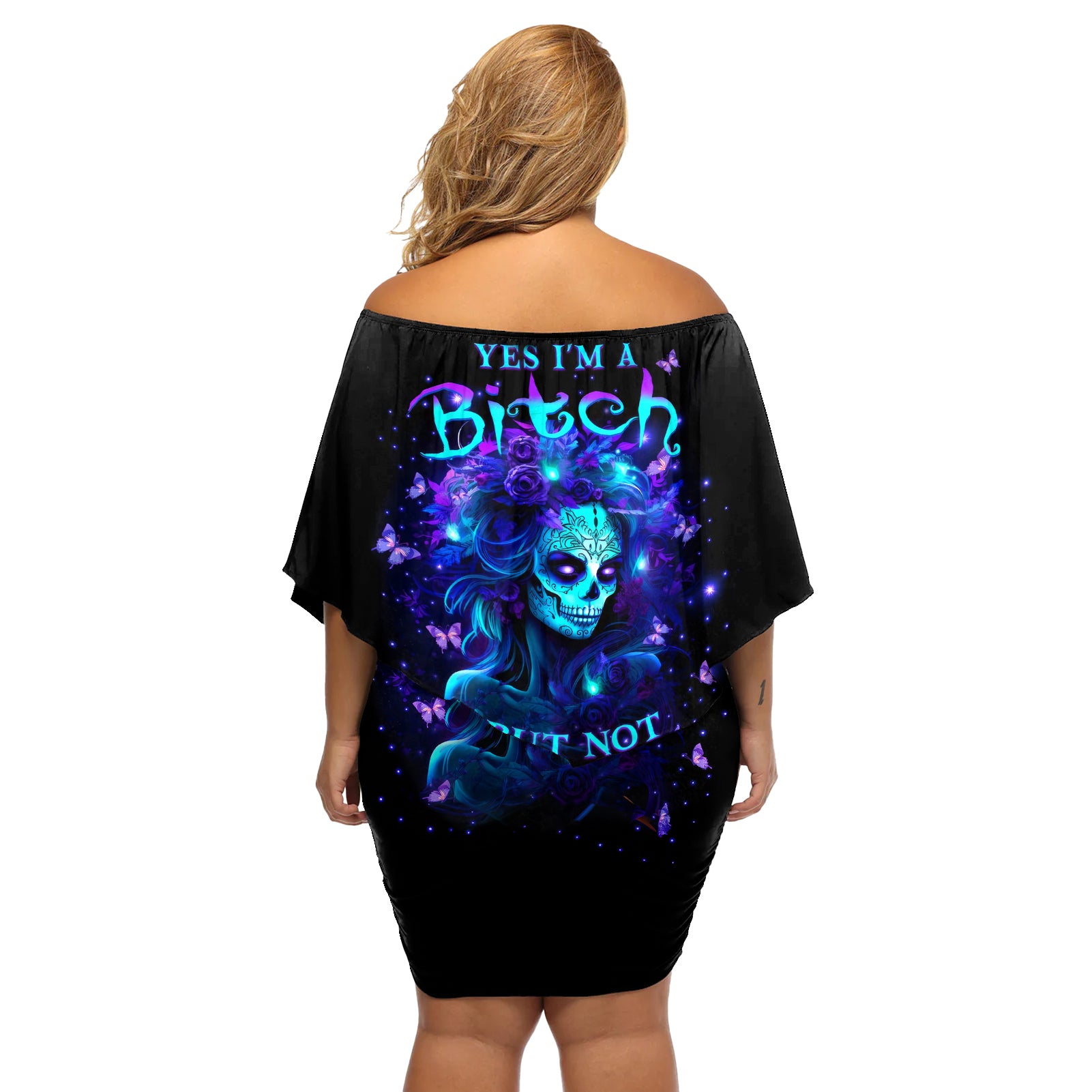 Skull Girl Off Shoulder Short Dress Yes I'm A Bitch But Not Yours - Wonder Print Shop