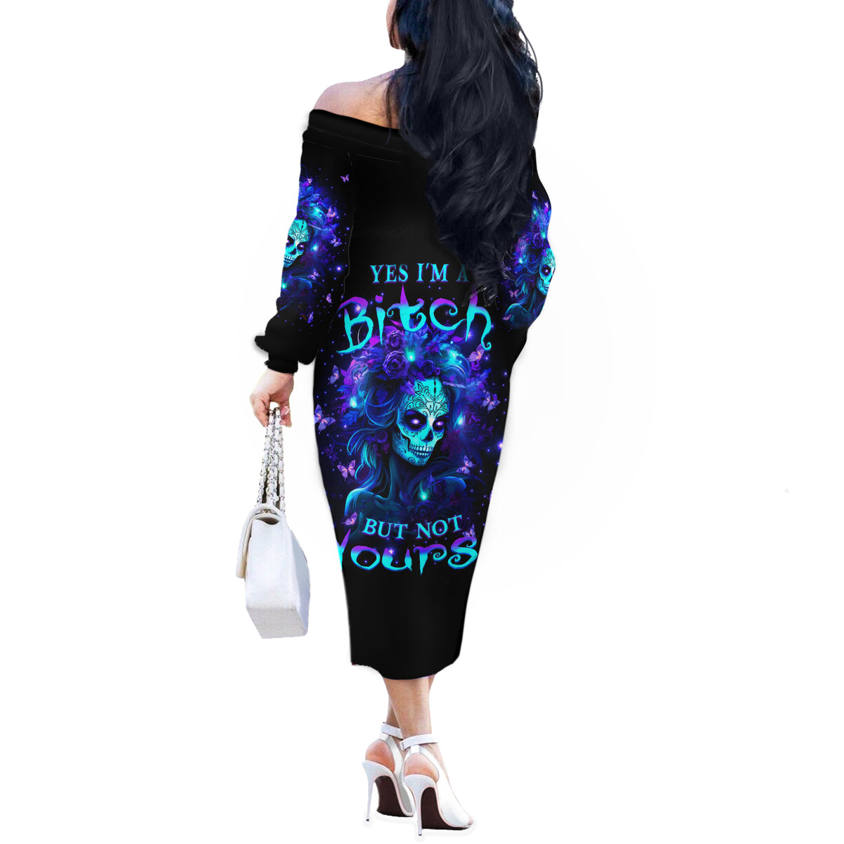 Skull Girl Off The Shoulder Long Sleeve Dress Yes I'm A Bitch But Not Yours - Wonder Print Shop