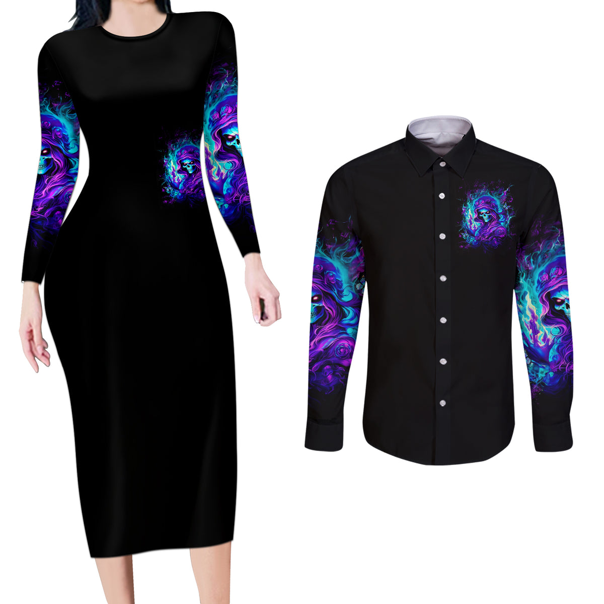 Flame Girl Skull Couples Matching Long Sleeve Bodycon Dress and Long Sleeve Button Shirt The Good Girl In Me Got Tired Of The Bullshit - Wonder Print Shop