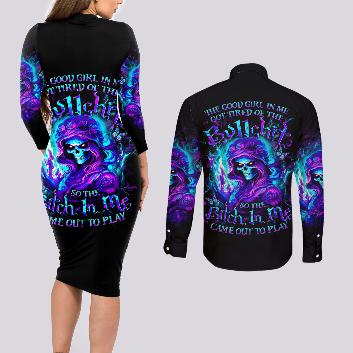 Flame Girl Skull Couples Matching Long Sleeve Bodycon Dress and Long Sleeve Button Shirt The Good Girl In Me Got Tired Of The Bullshit - Wonder Print Shop