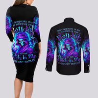Flame Girl Skull Couples Matching Long Sleeve Bodycon Dress and Long Sleeve Button Shirt The Good Girl In Me Got Tired Of The Bullshit - Wonder Print Shop
