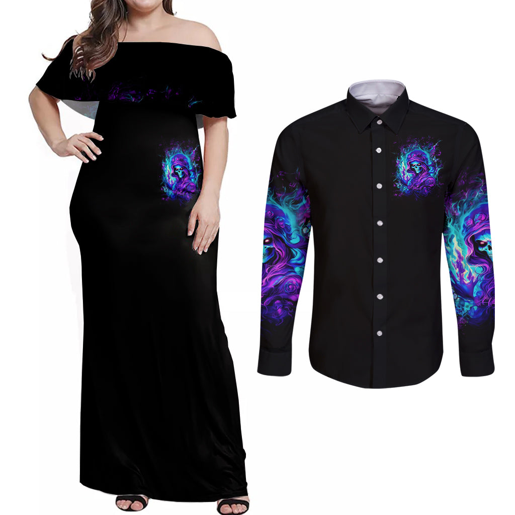 Flame Girl Skull Couples Matching Off Shoulder Maxi Dress and Long Sleeve Button Shirt The Good Girl In Me Got Tired Of The Bullshit - Wonder Print Shop