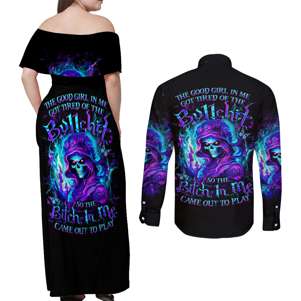 Flame Girl Skull Couples Matching Off Shoulder Maxi Dress and Long Sleeve Button Shirt The Good Girl In Me Got Tired Of The Bullshit - Wonder Print Shop