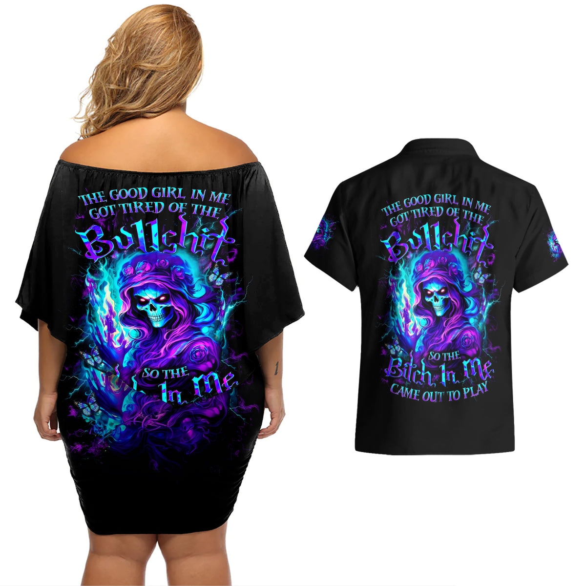 Flame Girl Skull Couples Matching Off Shoulder Short Dress and Hawaiian Shirt The Good Girl In Me Got Tired Of The Bullshit - Wonder Print Shop